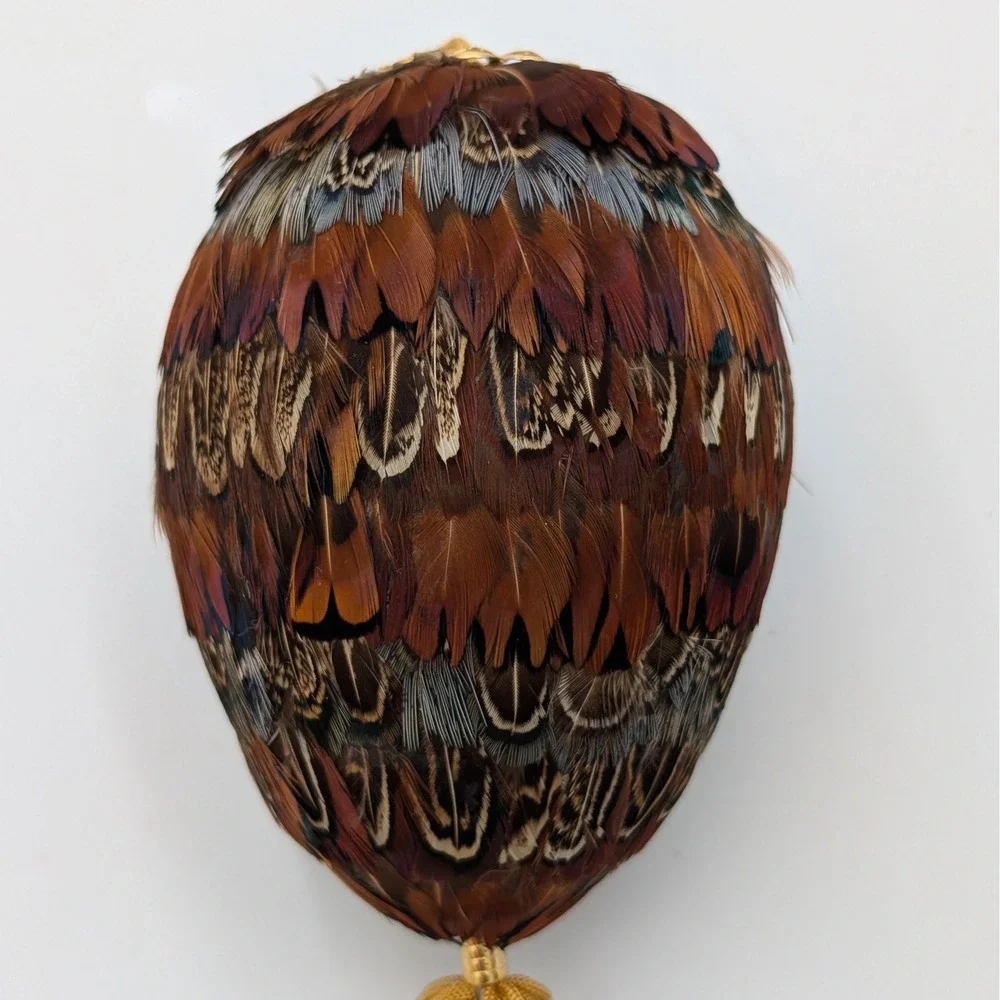 Pheasant Feather Egg Ornament with Gold Filigree and Tassel 7.5 Inch